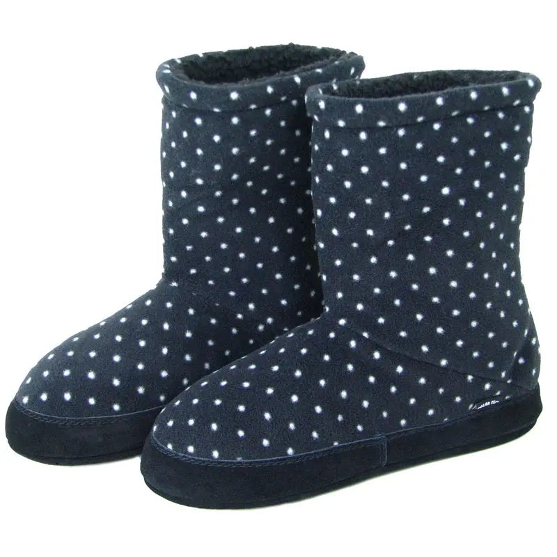 Pair of women's dot fleece boot slippers with short shaft and flat dark soles