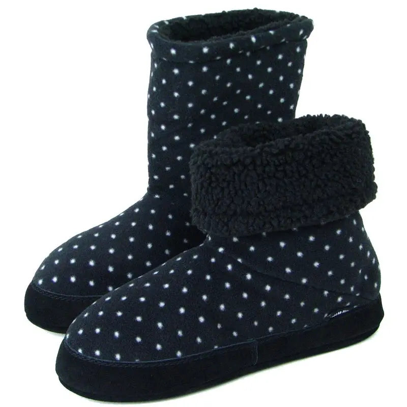 Women's dot fleece boot slippers with fold-over sherpa cuff and dark rubber sole