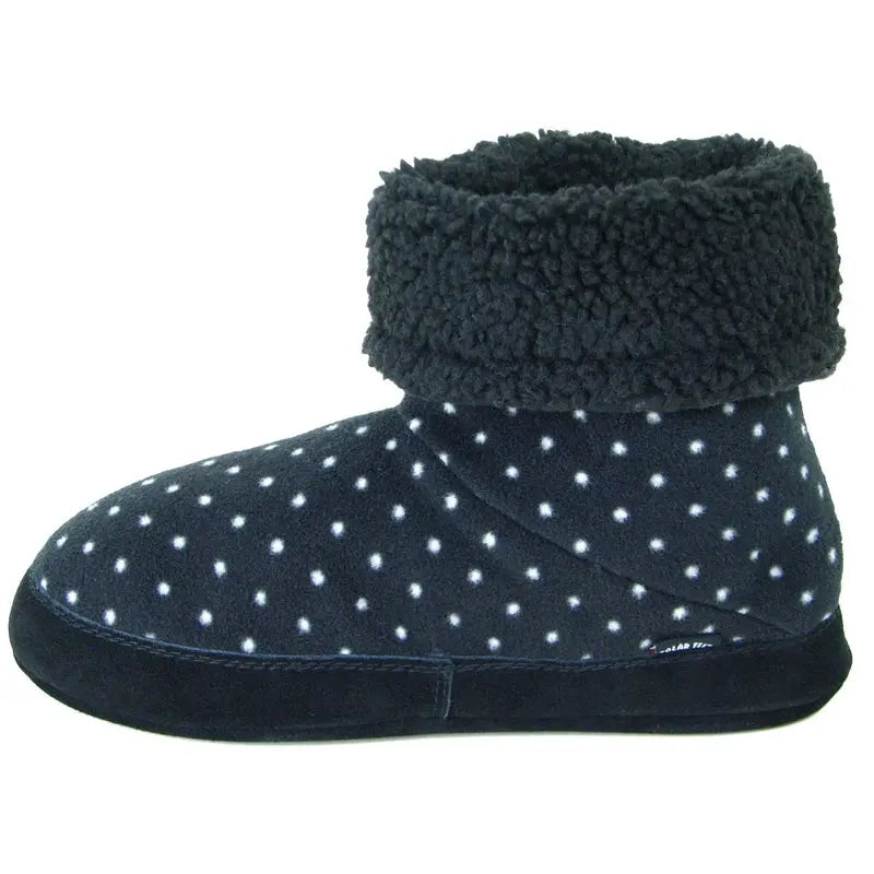 Women's dot fleece boot slippers with thick black sherpa cuff and dark outsole