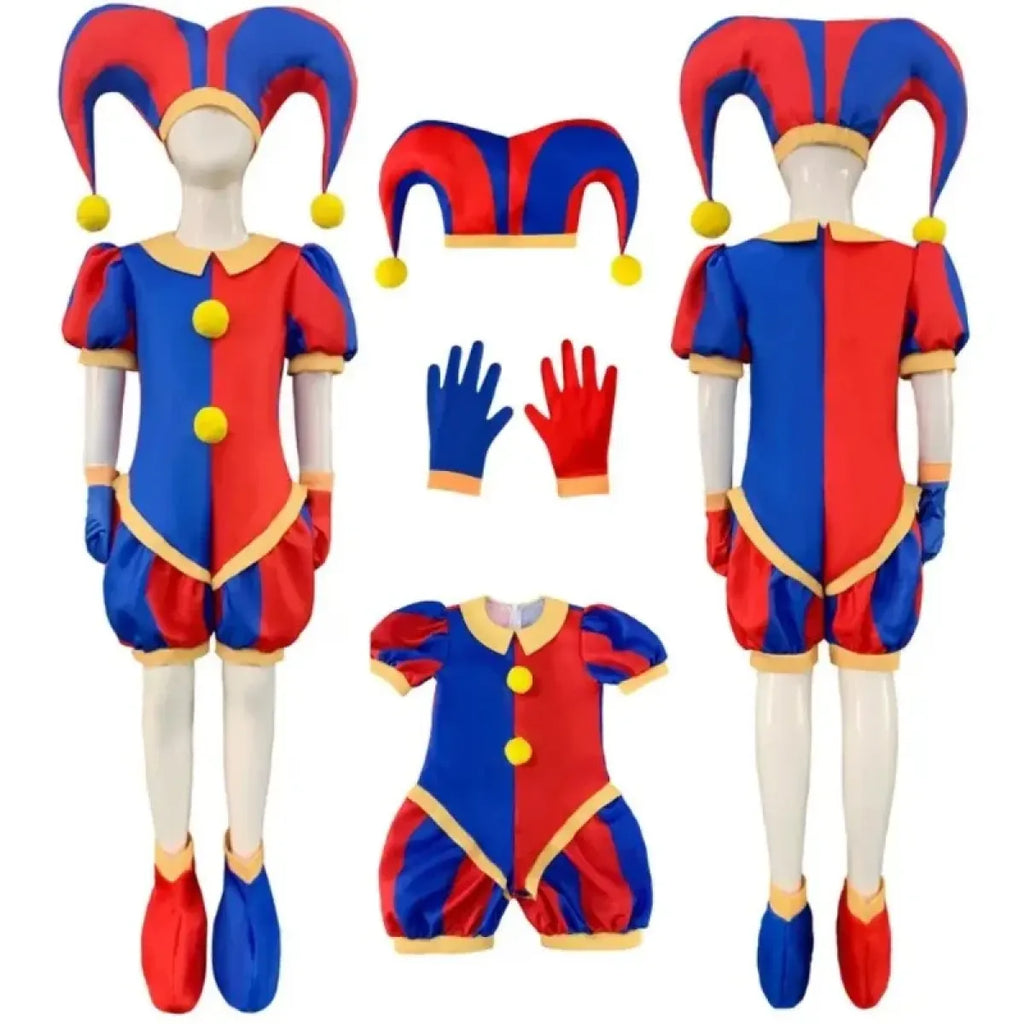 Cosplay jumpsuit set: blue/red one-piece with yellow button trim, multi-color hat, matching gloves