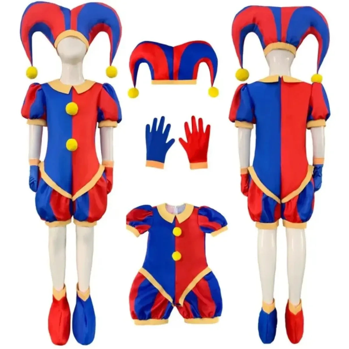 Cosplay jumpsuit set: blue/red one-piece with yellow button trim, multi-color hat, matching gloves