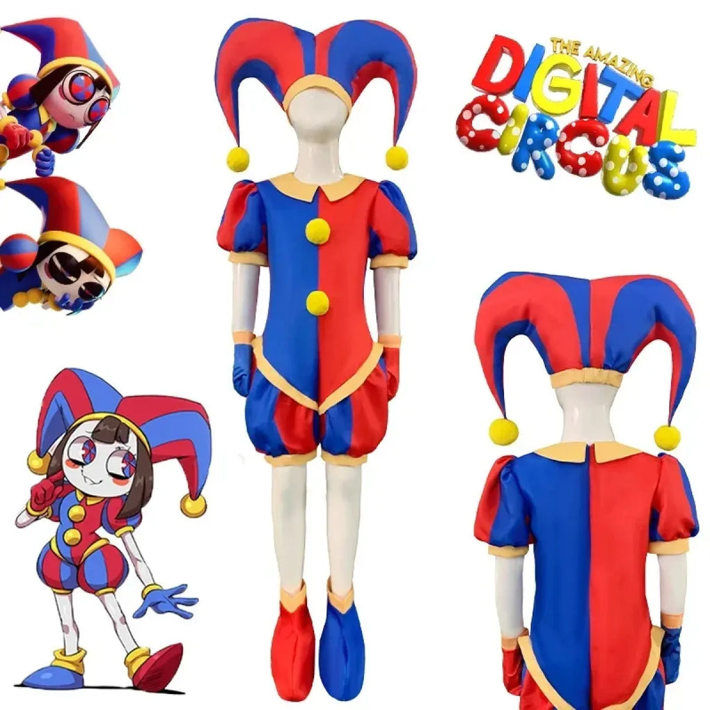 Cosplay jumpsuit and hat: blue-and-red one-piece with yellow trim, yellow buttons, red/blue shoes
