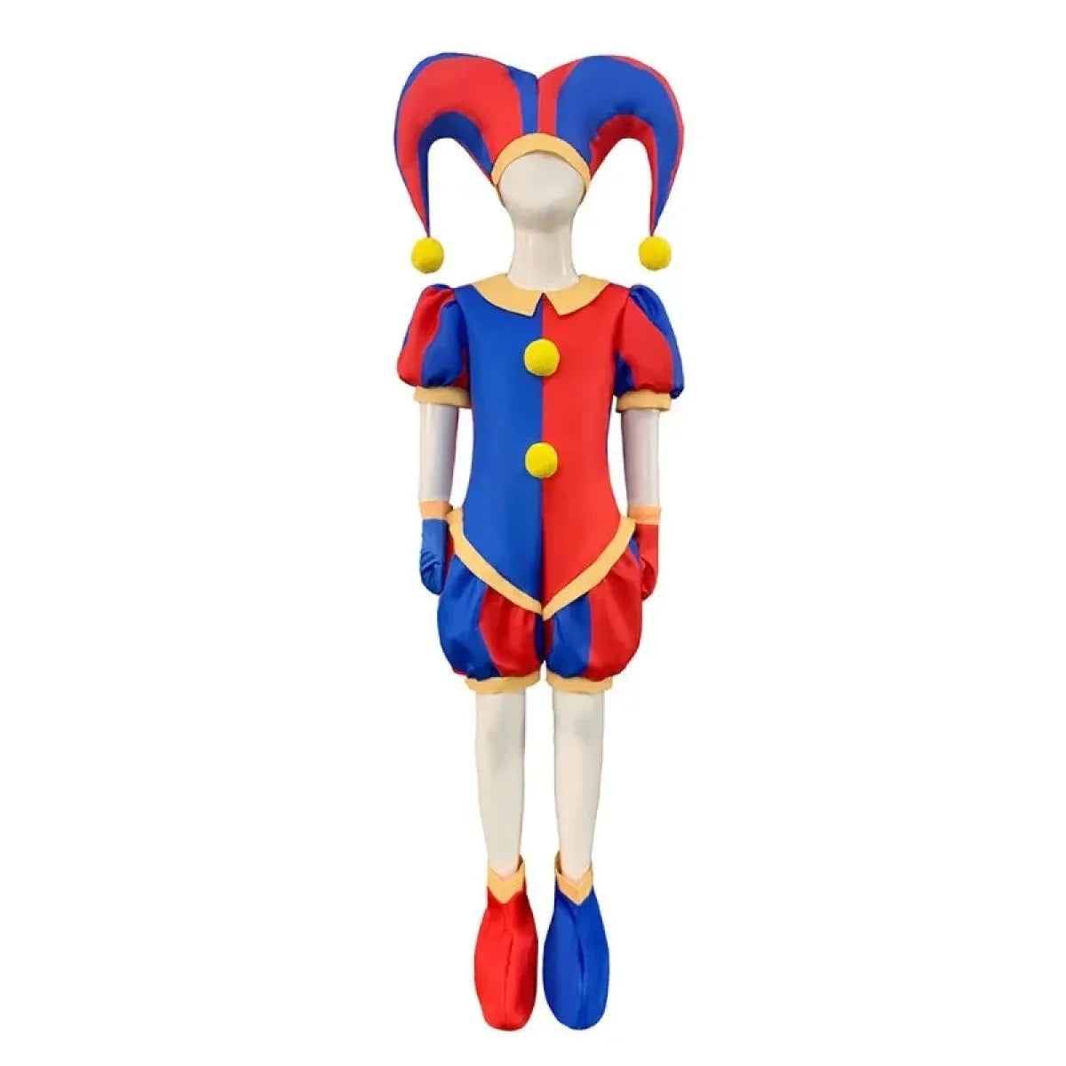 Cosplay jumpsuit and hat: blue/red romper with yellow buttons and trim, arched hat with yellow pom-poms