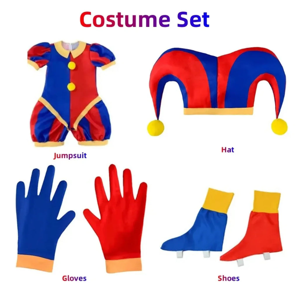 Cosplay costume set pieces: blue/red jumpsuit, hat, gloves, and red/blue shoes