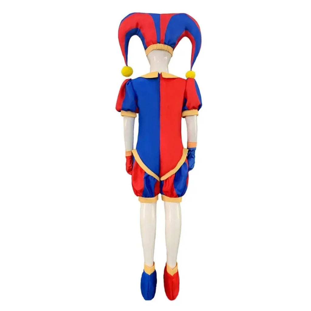 Cosplay jumpsuit and hat, back view: blue-and-red romper with yellow trim and pom-pom hat
