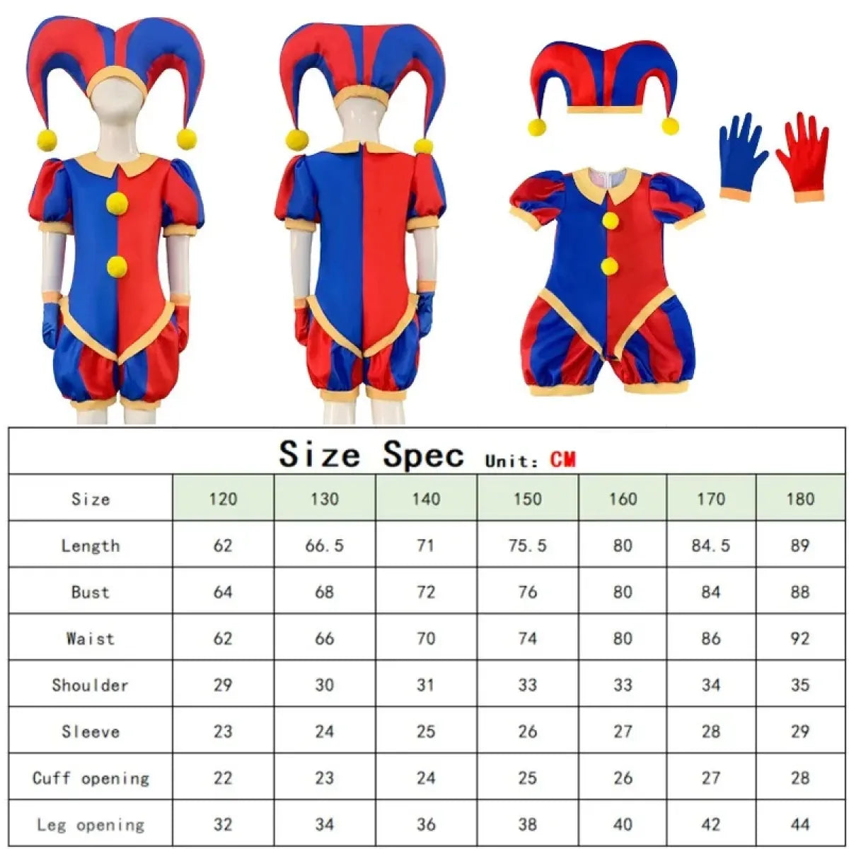 Cosplay jumpsuit and hat: front, back, and side views of blue/red romper with yellow trim