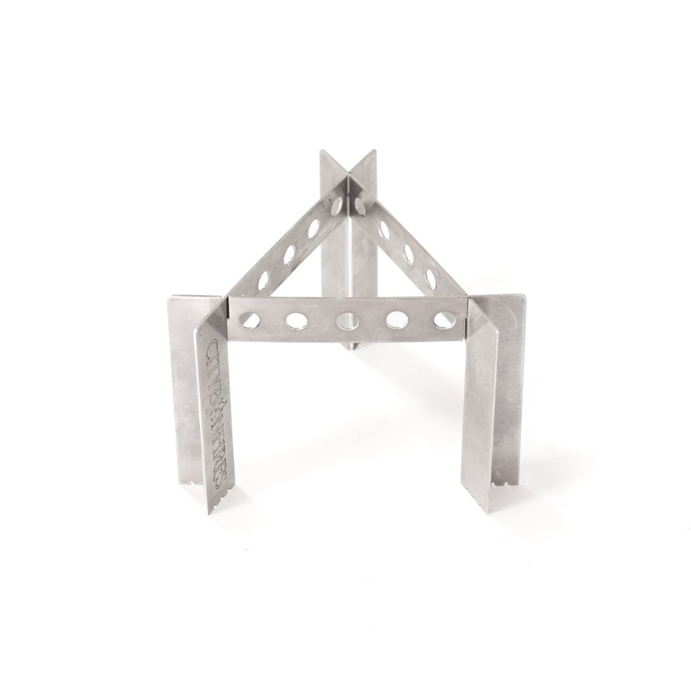 Portable camp stove burner stand, three-piece metal frame with cutouts