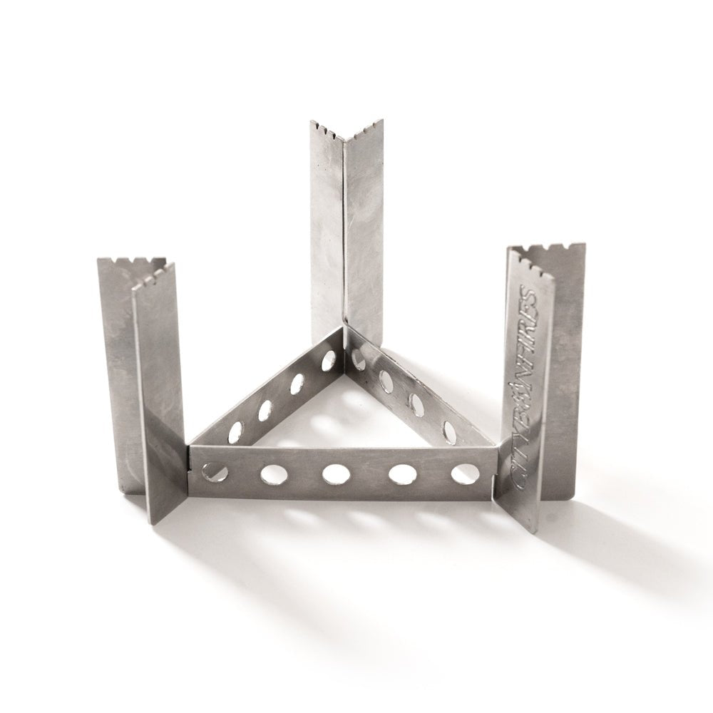 Folding camp stove burner frame with perforated slots, assembled