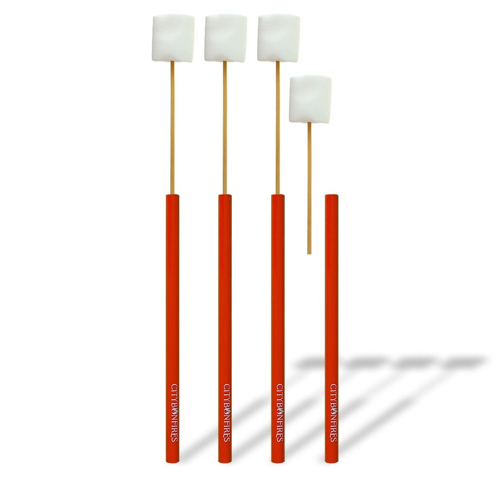 Set of four red-handled skewers with square white tips, arranged front view
