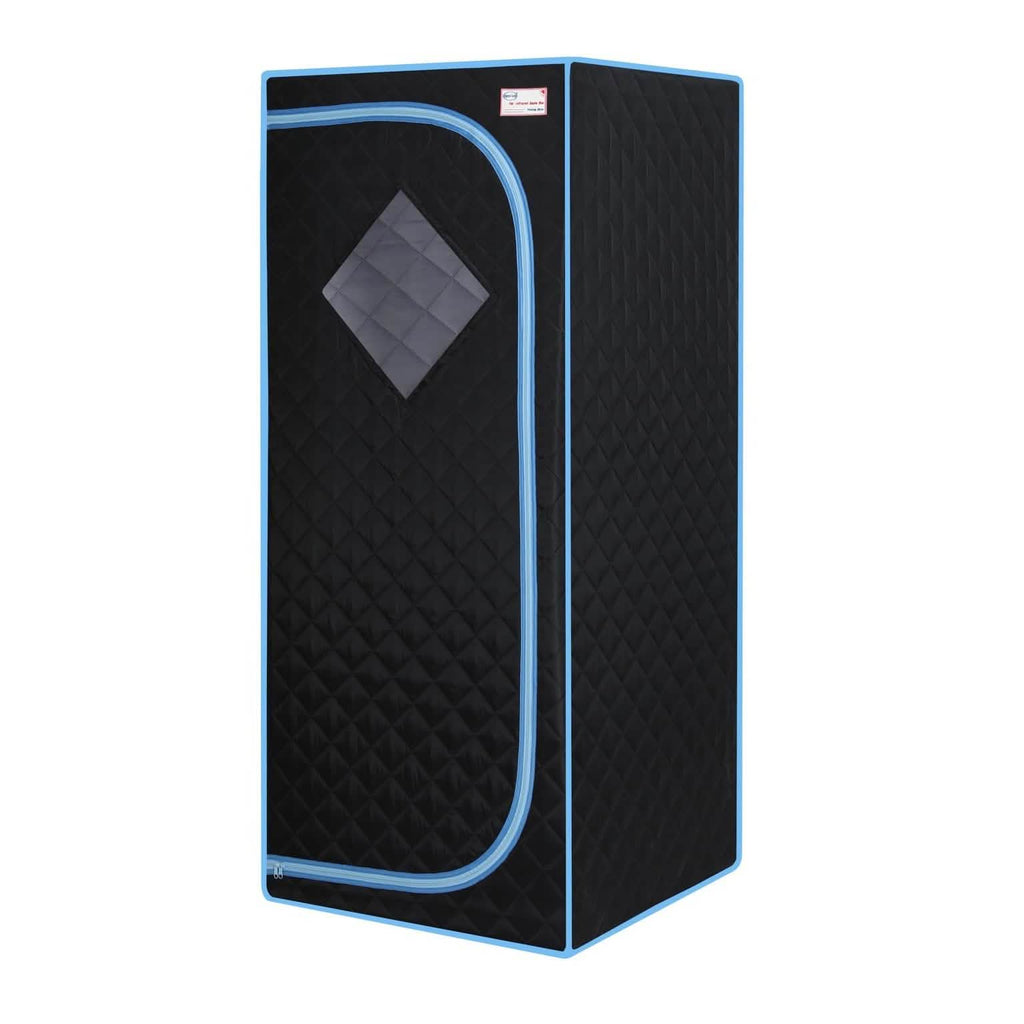 Black portable sauna tent with blue trim and window panel, portable design