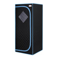 Black portable sauna tent with blue trim and window panel, portable design