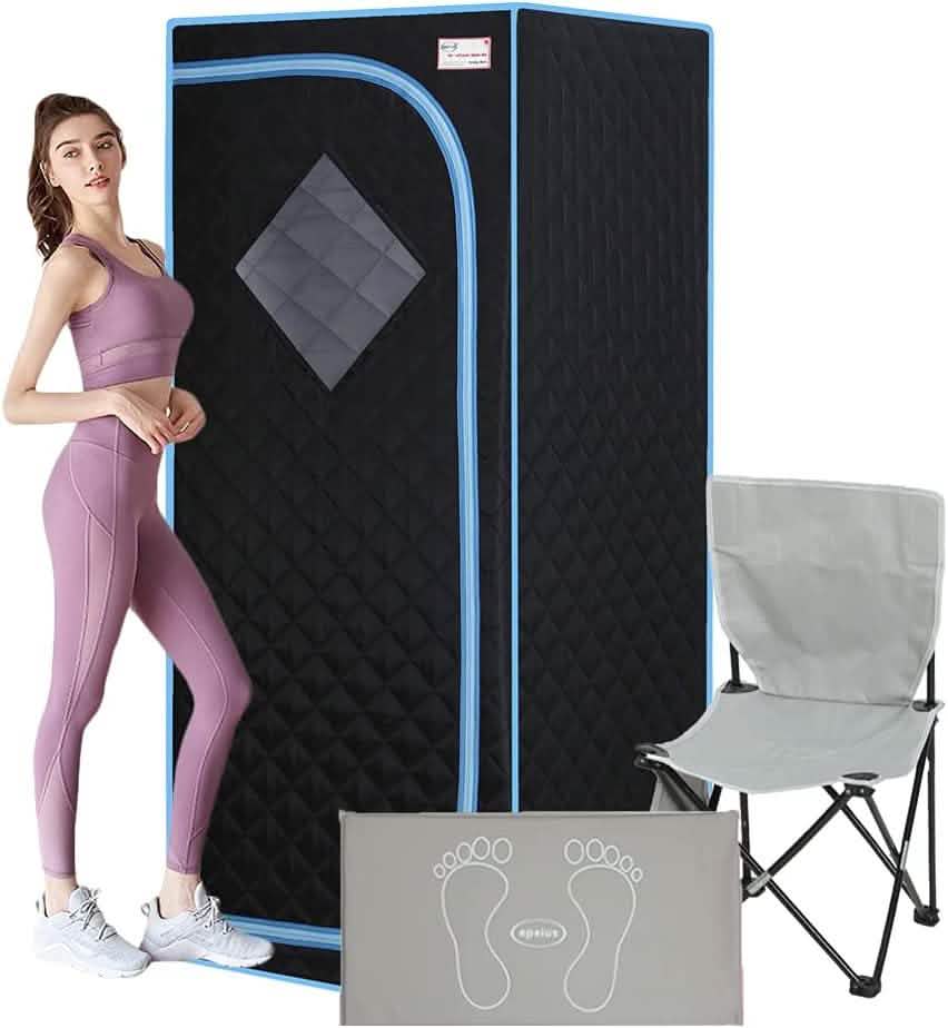 Black portable sauna tent with heating foot pad and carrying bag, plus foldable chair