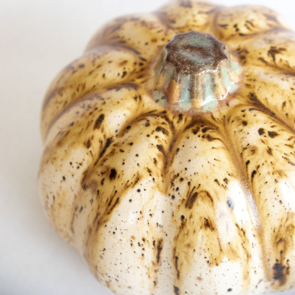 Close-up ceramic pumpkin figurine with beige glaze, dark speckles, and glazed stem