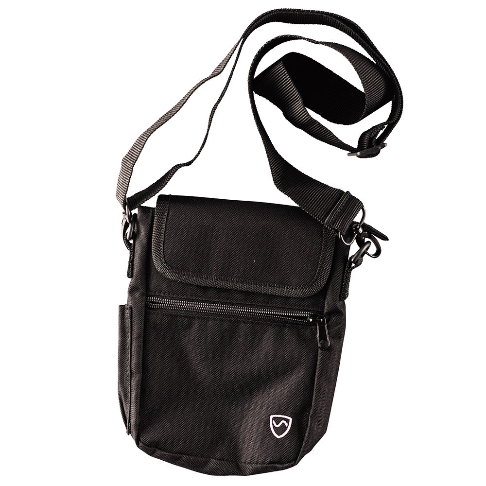 Black phone pouch with flap, front zipper pocket, and adjustable crossbody strap