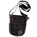Black phone pouch with flap, front zipper pocket, and adjustable crossbody strap