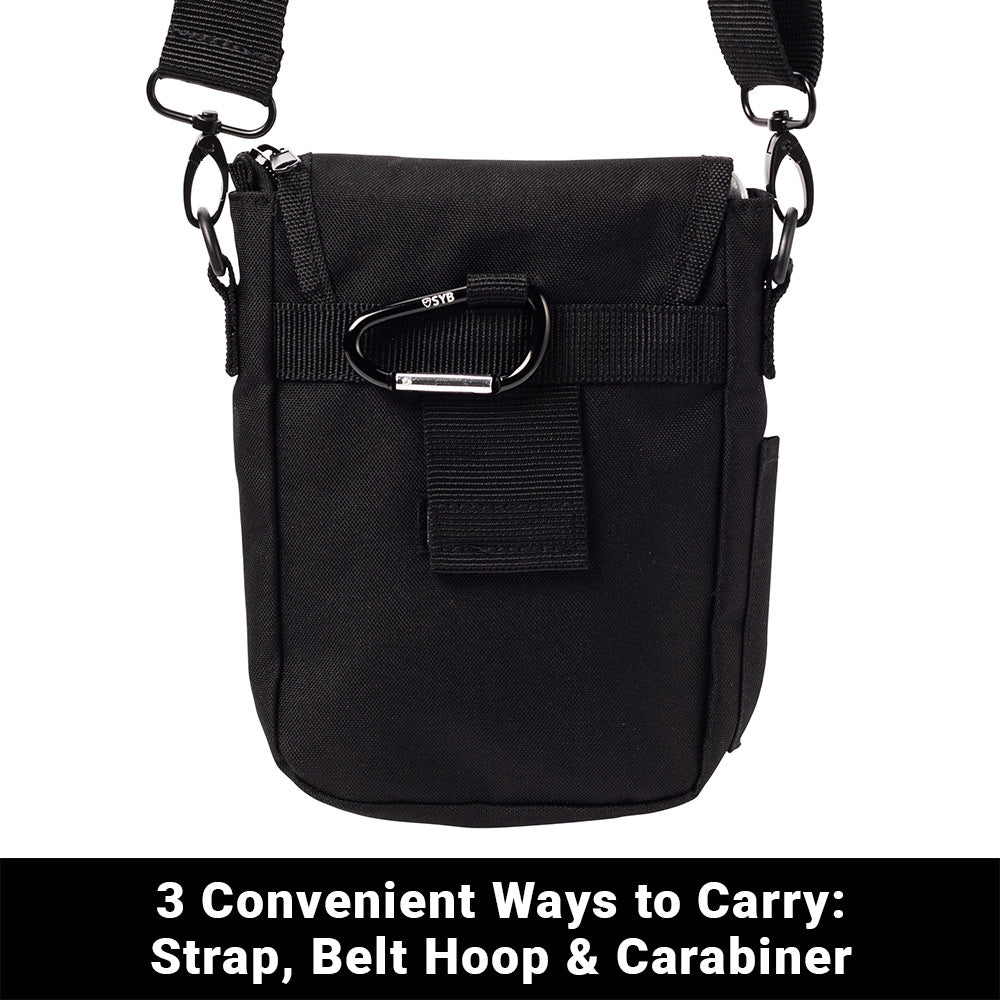 Black phone pouch with belt clip and carabiner strap attachments on front