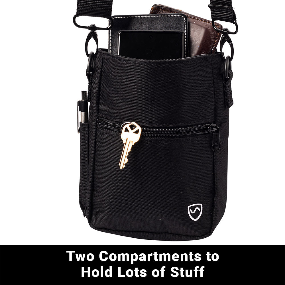 Black phone pouch with two compartments, front flap, and key attached to zipper pull