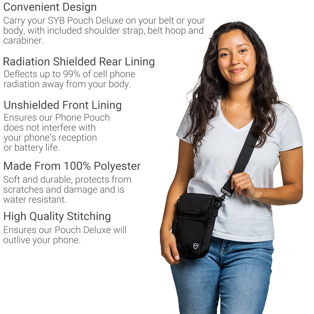 Black phone pouch with shielded lining and front flap for secure phone storage