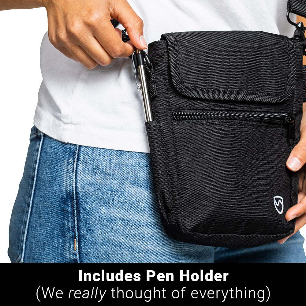 Black phone pouch with front flap and zipper pocket, shown with pen holder