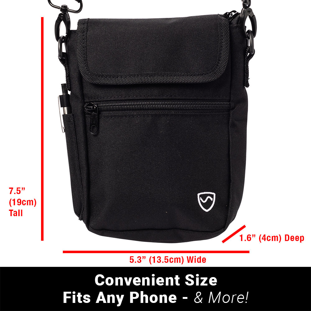 Black phone pouch with front flap, zipper pocket, and size dimensions for fit