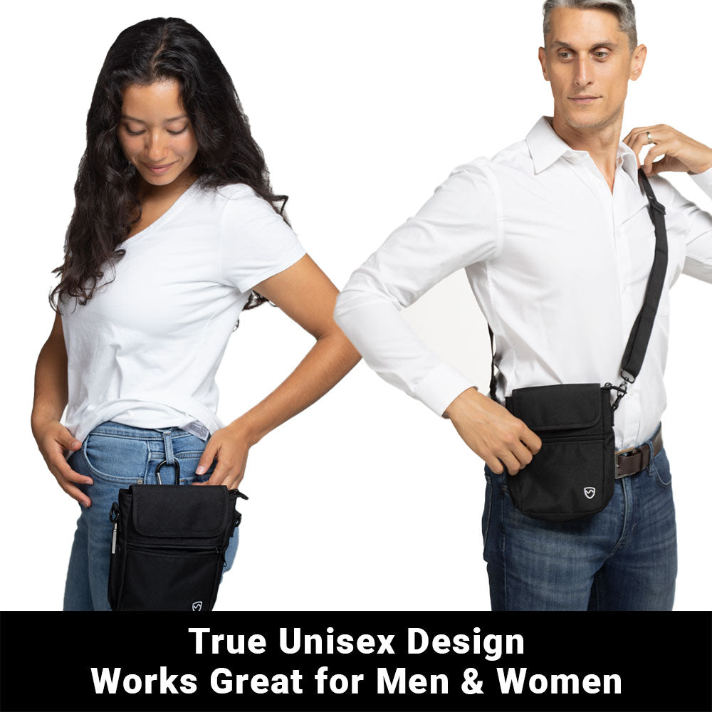 Black phone pouch worn crossbody with adjustable strap for men or women