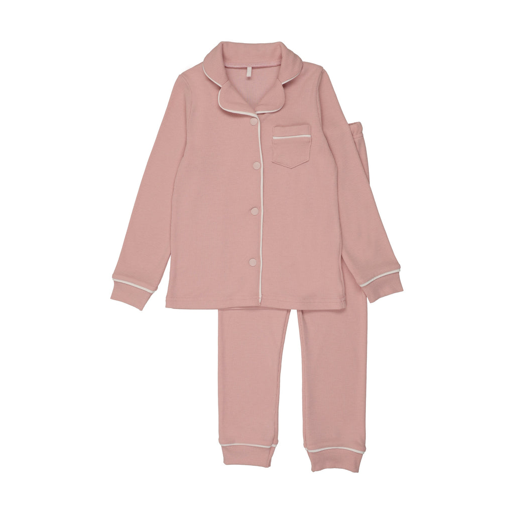 Pink ribbed pajama set with long-sleeve button-front top and matching pants