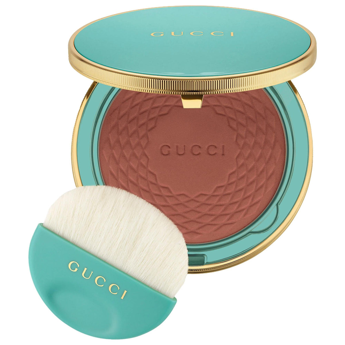 Gucci bronzer compact with embossed lid and teal brush applicator