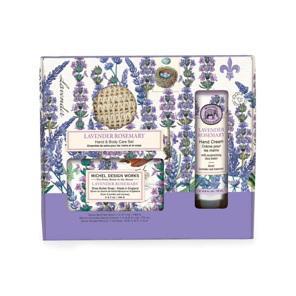 Lavender and rosemary hand & body care set gift box with soap and lotion.