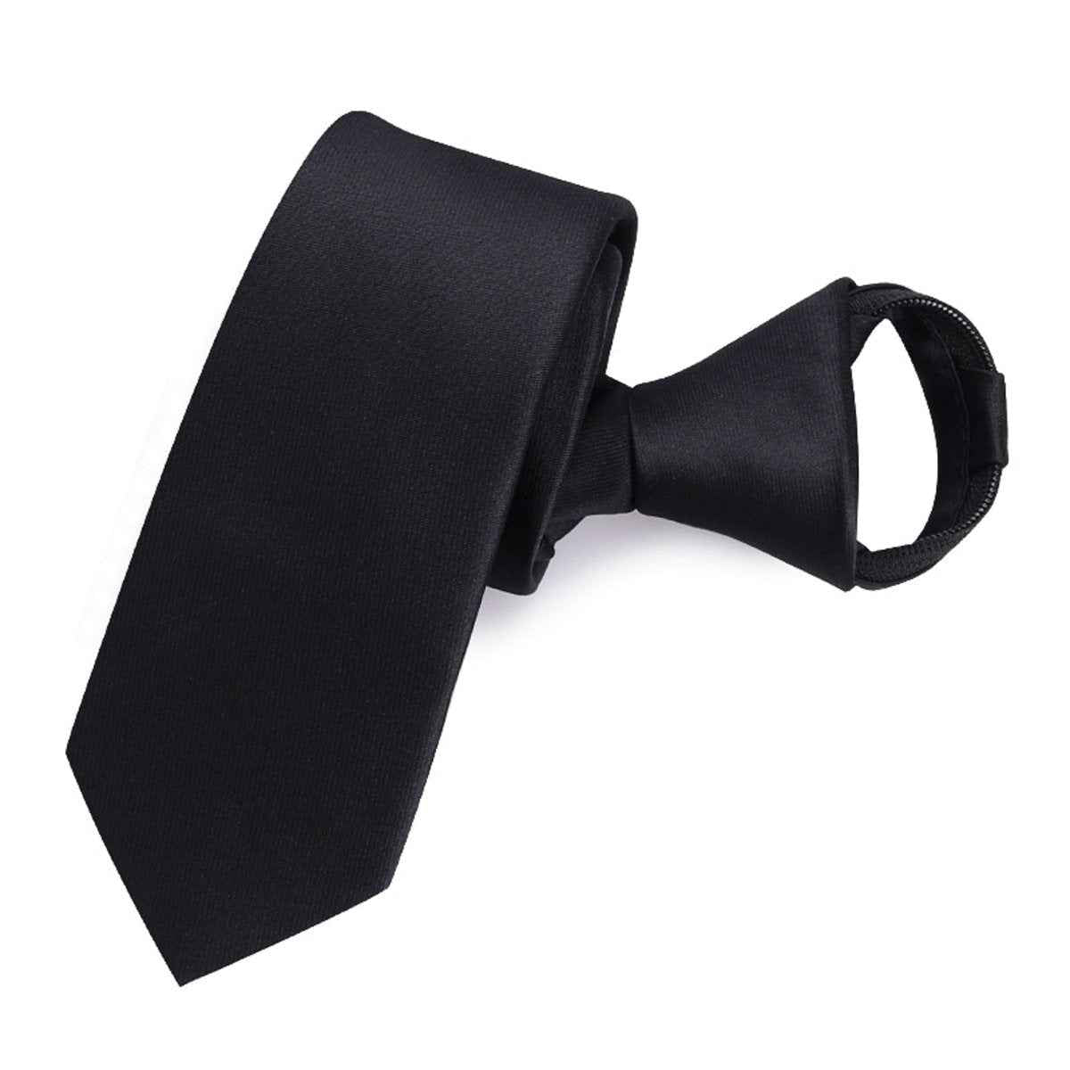 Solid black pre-tied zipper necktie with adjustable loop, polyester men's business accessory