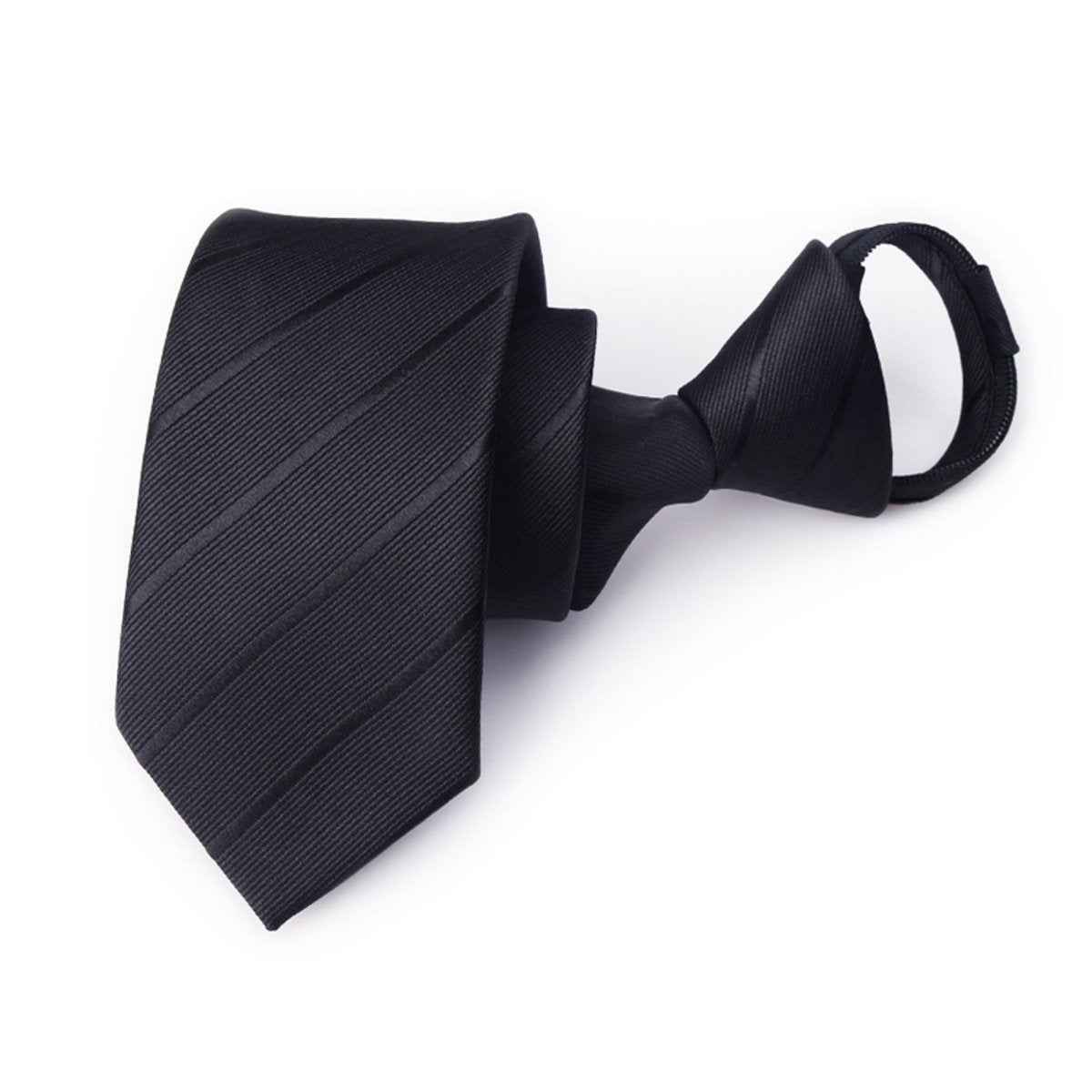 Black striped pre-tied zipper necktie with adjustable loop, polyester men's business accessory