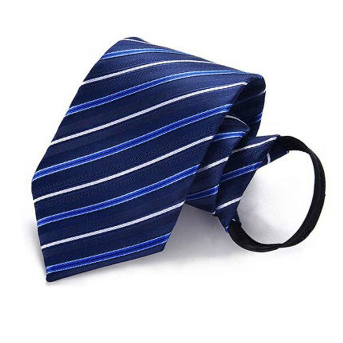 Blue striped pre-tied zipper necktie with adjustable loop, polyester men's business accessory