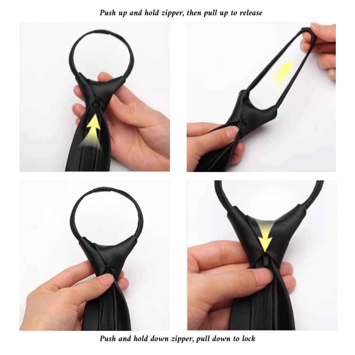 Black pre-tied zipper necktie with pull-up and hold-down locking strap