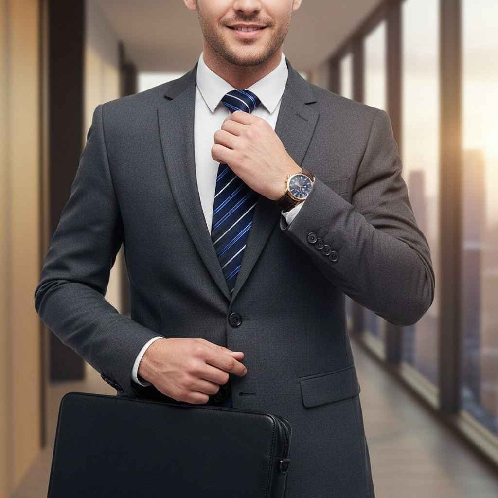 Men’s black zipper necktie worn with a dark suit jacket