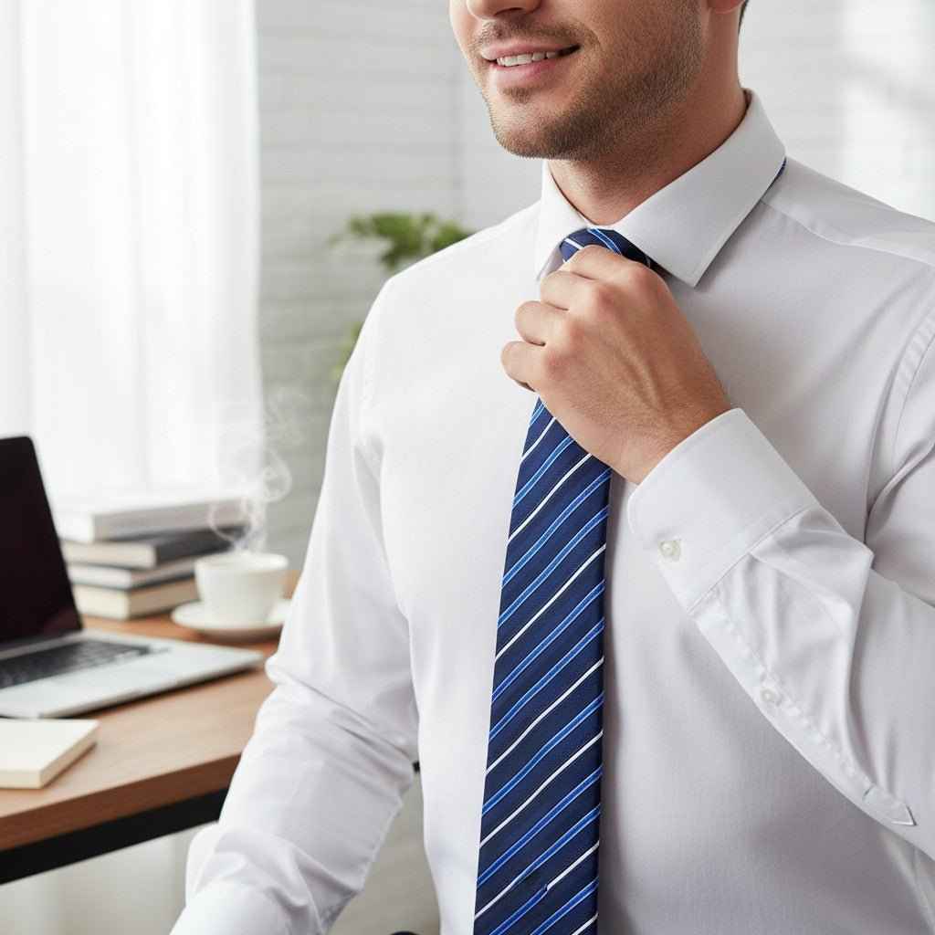 Men’s blue striped zipper necktie worn with a white dress shirt