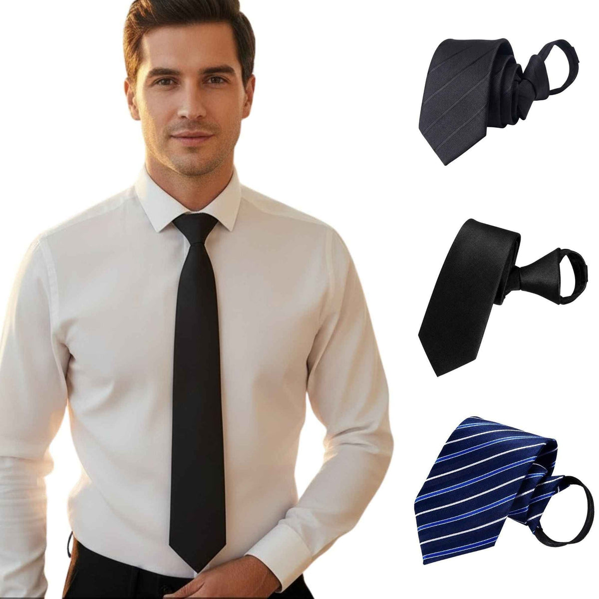 Pre-tied zipper necktie set in black with adjustable loop detail