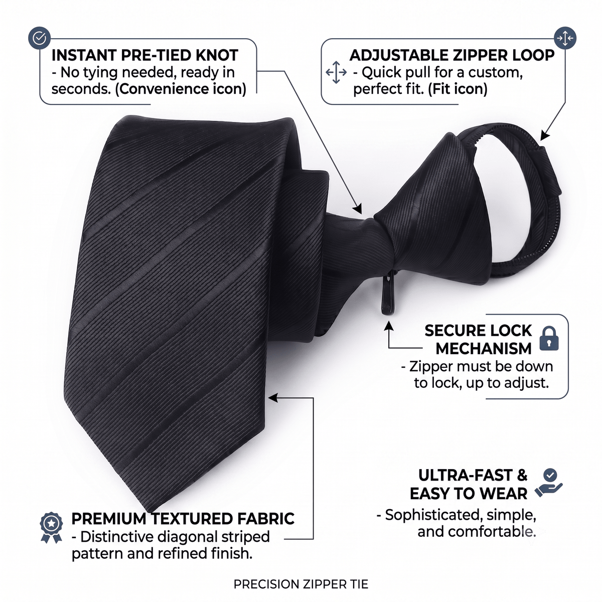 Black diagonal-striped zipper necktie with secure lock mechanism and adjustable loop