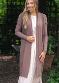 Open-front long cardigan in mauve taupe with open front and long sleeves