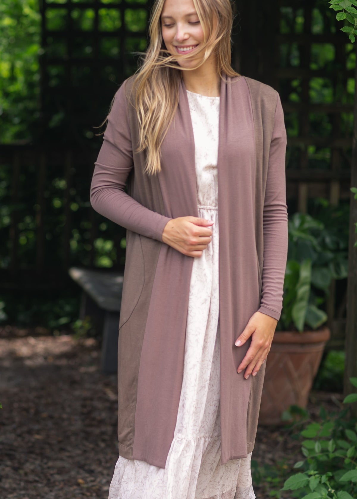 Open-front long cardigan in mauve taupe with open front and long sleeves