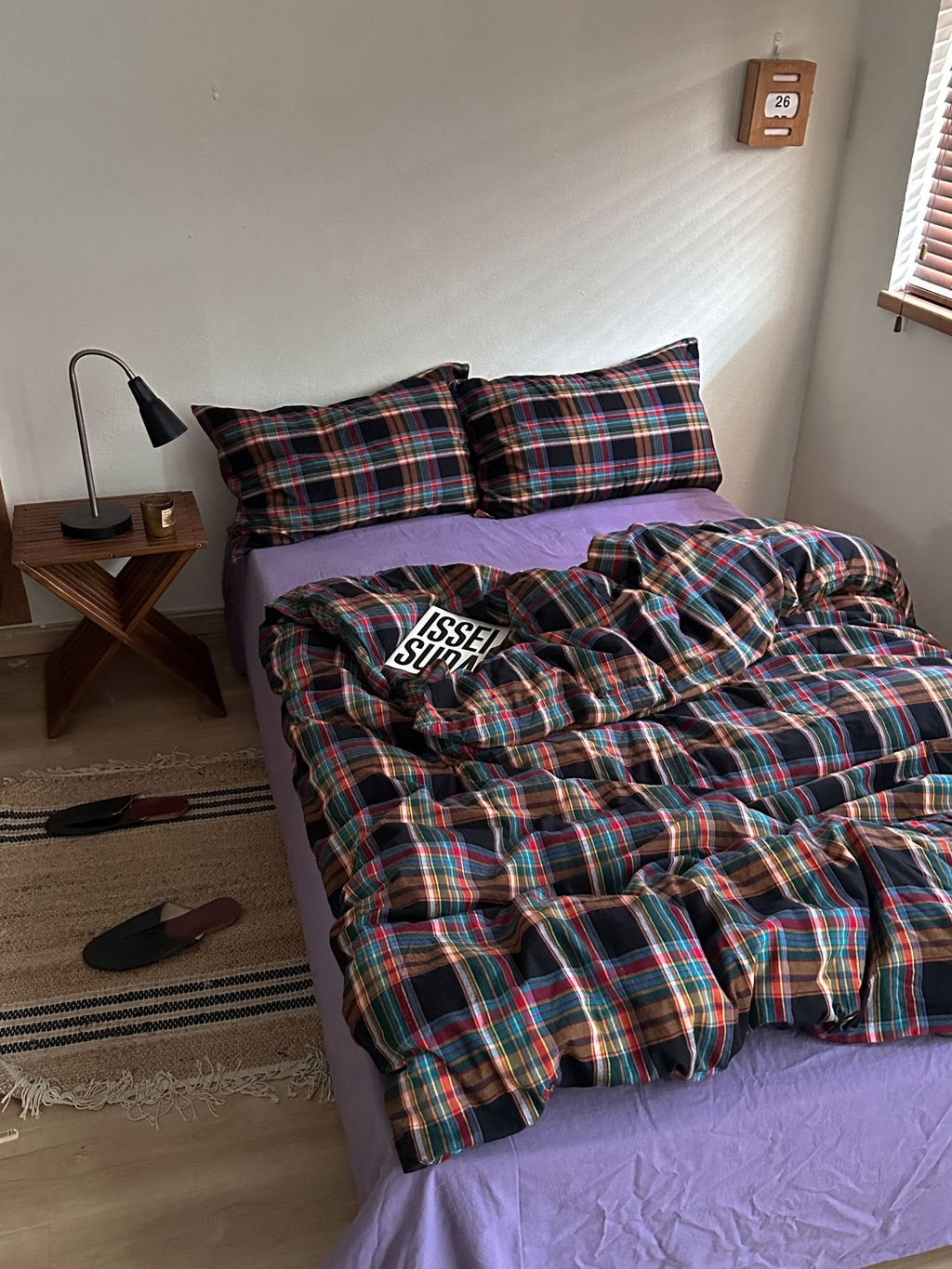 Tartan plaid duvet cover set with pillowcases, dark navy with red, blue, and teal checks