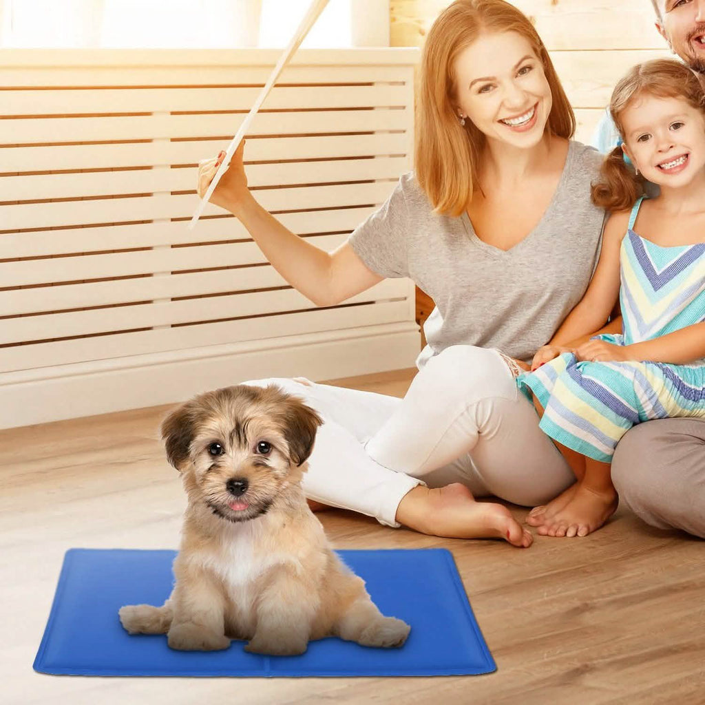 Self-cooling pet gel mat pad in blue, with a small dog lying on top