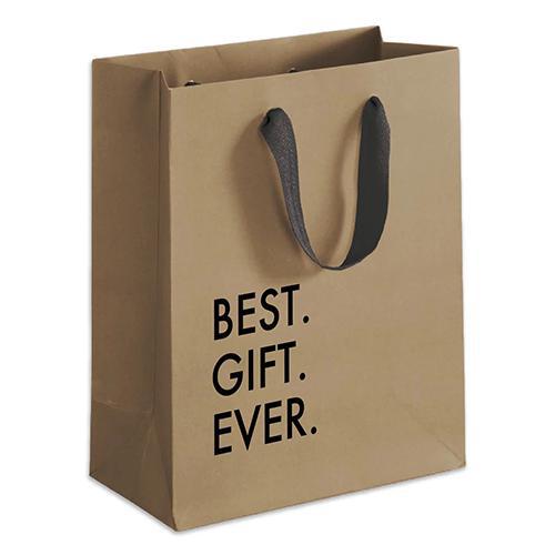 Brown kraft gift bag with navy rope handles and text 'BEST. GIFT. EVER.'