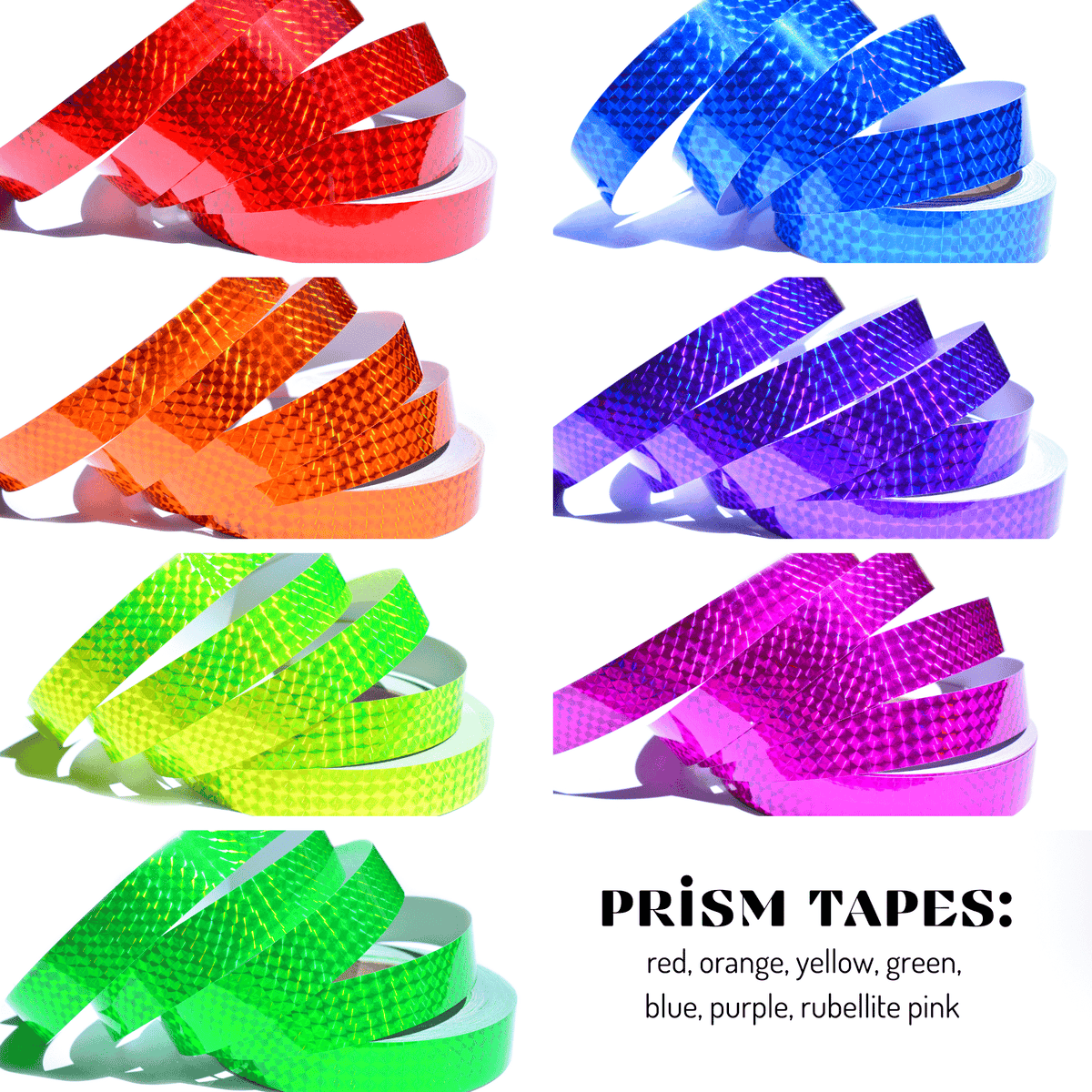 Prism tape color set with red, orange, neon green, purple, and blue options