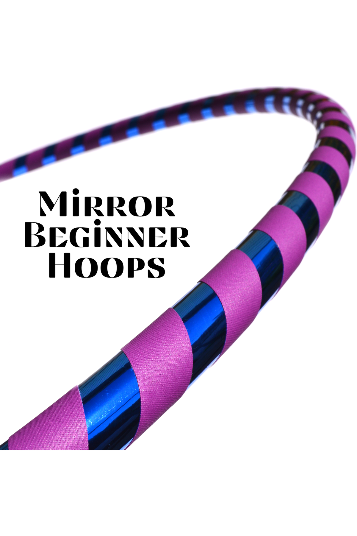 Mirror beginner hula hoop with purple and black striping and blue holographic segments