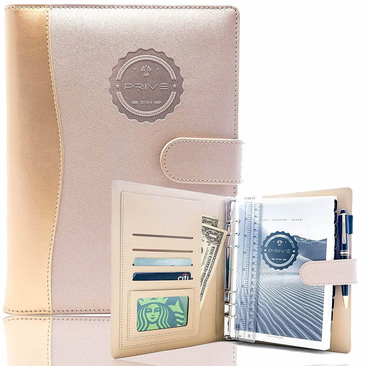 Rose gold daily planner journal with PRV logo, open with pocket and tabbed pages