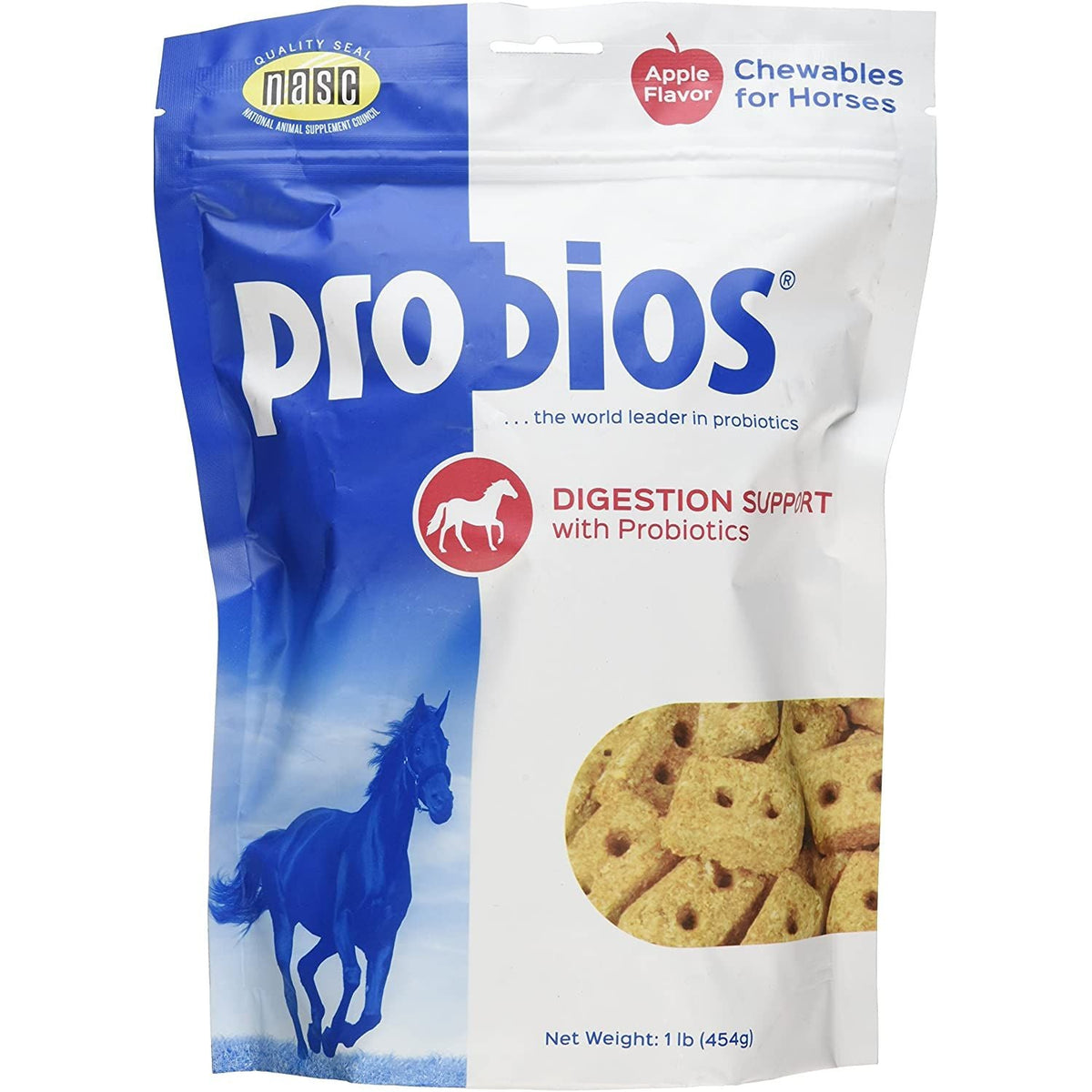 Horse probiotic treat pouch, blue and white, with chewable cookie photo