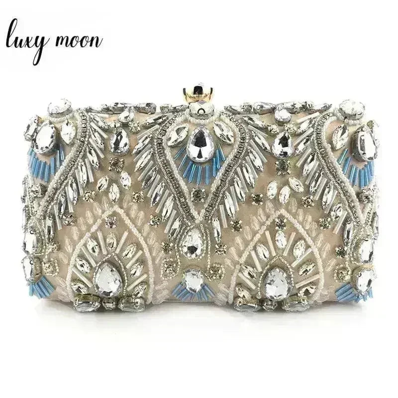 Diamond rhinestone clutch with silver sparkle and blue beaded fan details