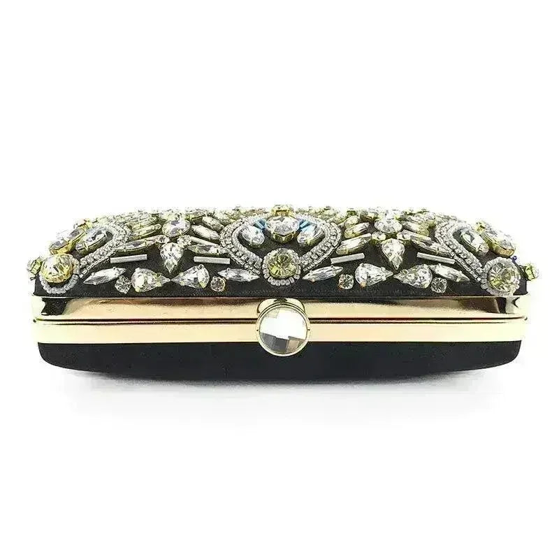 Black diamond rhinestone clutch with gold frame, blue crystal accents, snap clasp