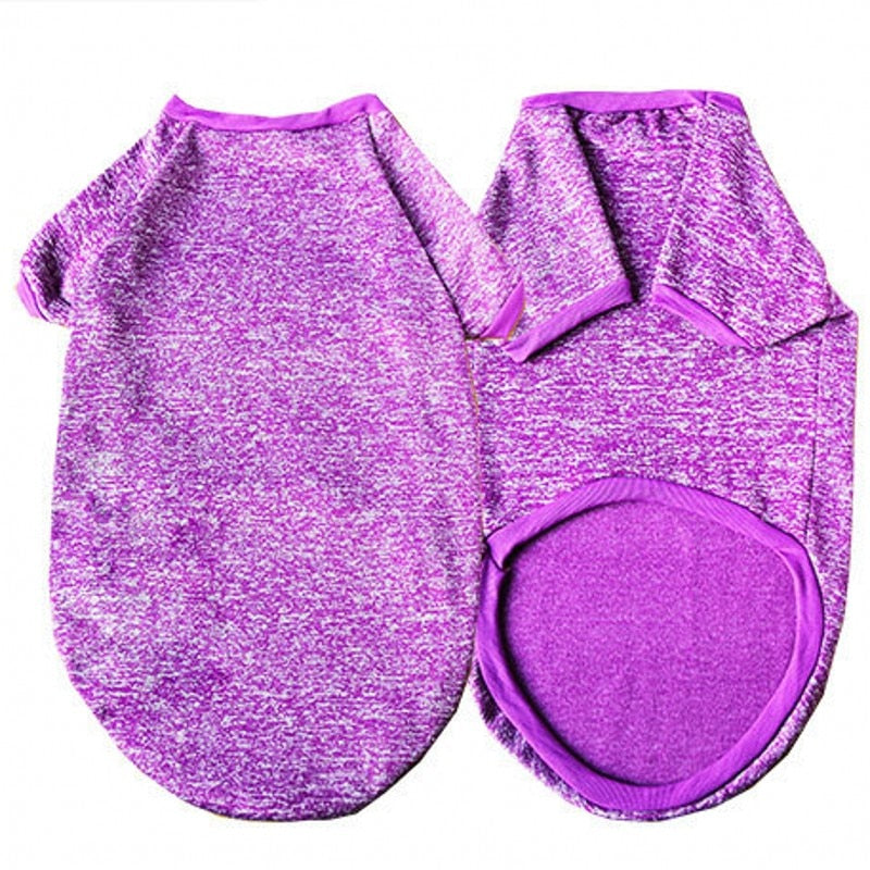 Purple knit pet sweater with ribbed edges and round belly opening
