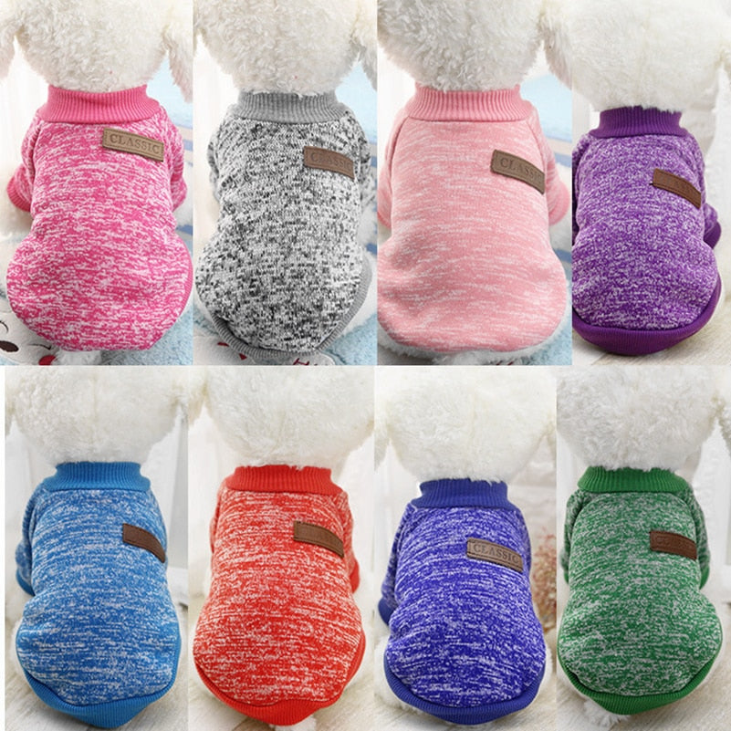 Multi-color winter pet sweater assortment: pink, gray, rose, and purple