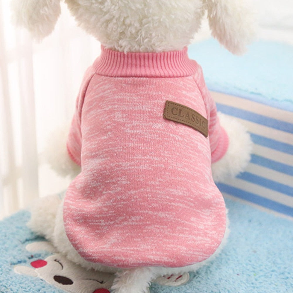 Rose winter pet sweater with ribbed collar and Classic logo patch.